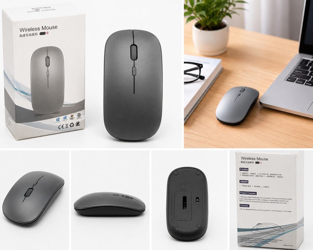 Wireless Bluetooth Mouse with USB Receiver – Black/Gray Ultra-Slim Design